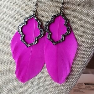 Nickel free pink feather earrings with black